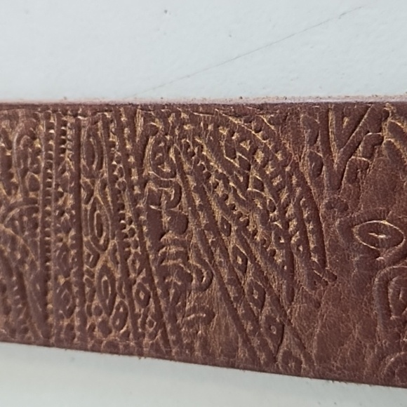 Brown Tooled Leather Belt with Coppery Metal Buckle With Rhinstones - Picture 3 of 13